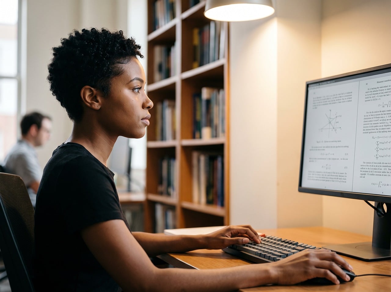 woman, student, library, computer, studying, research, education, focused, working, monitor, typing, office, bookshelf, books, lighting, science, learning, technology, academic, concentration